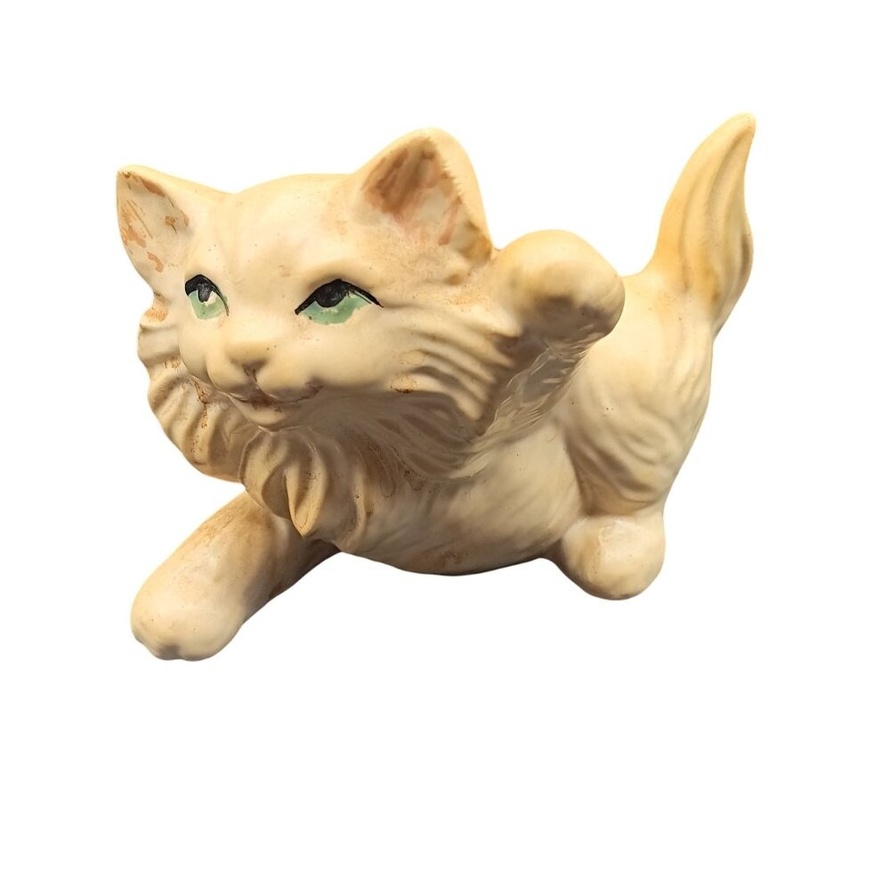 Vintage Studio Ceramic Cat Figurine With Raised Paw & Green Eyes